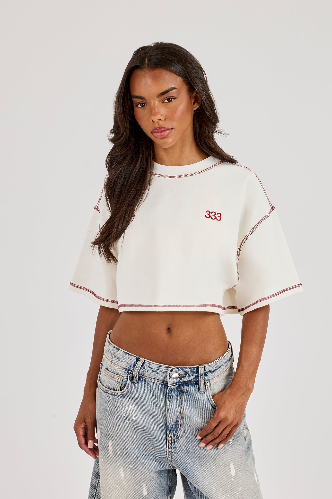 Cropped Contrast Stitch 333 Cherub T-Shirt - Off White